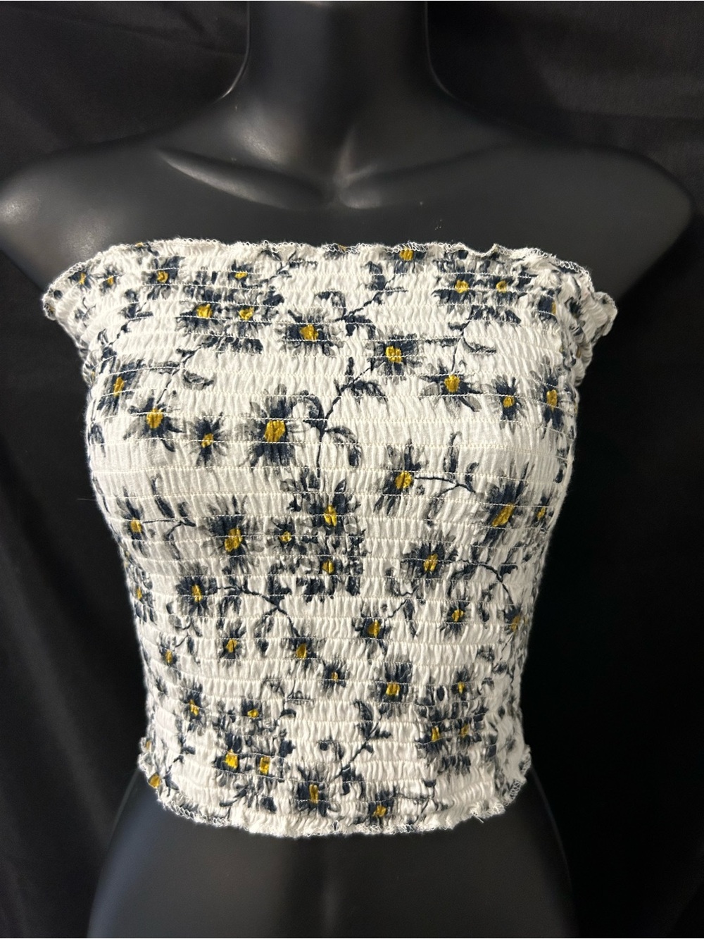 Smocked Off-Shoulder Floral Tube Top - White with Navy & Yellow
